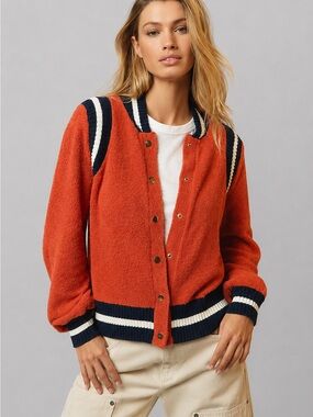 Anthropologie Sherpa Bomber Jacket Orange Navy Varsity Snap Front